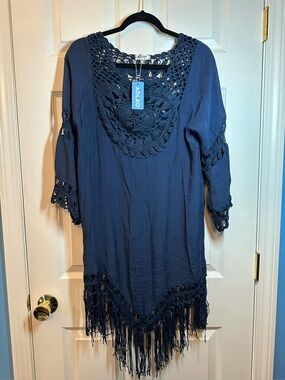NWTS AOLRO Navy Crochet Fringe Swim Coverup SZ S